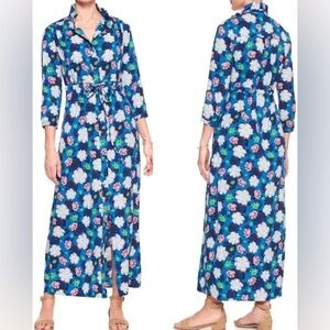 Banana Republic Blue Floral Maxi Dress with Tie Belt and Button Closure Size 2